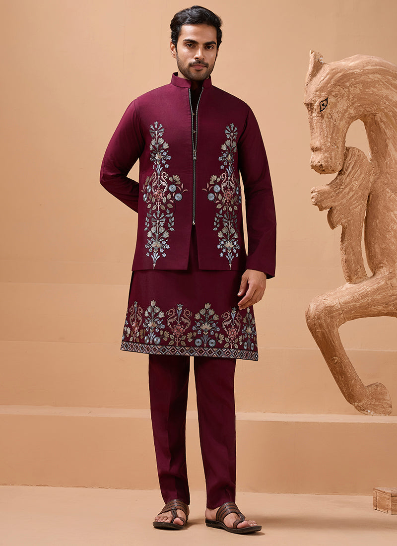 386665 Viscose Silk Maroon Festival Wear Sequin Embroidery Work Readymade Modi Jacket Kurta Pajama