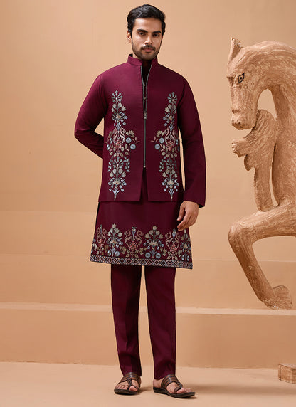 386665 Viscose Silk Maroon Festival Wear Sequin Embroidery Work Readymade Modi Jacket Kurta Pajama