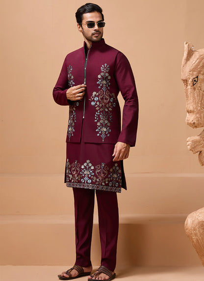 386665 Viscose Silk Maroon Festival Wear Sequin Embroidery Work Readymade Modi Jacket Kurta Pajama