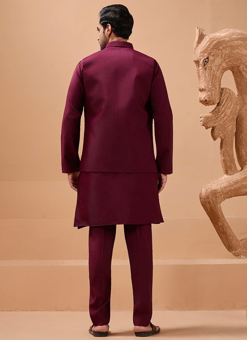 386665 Viscose Silk Maroon Festival Wear Sequin Embroidery Work Readymade Modi Jacket Kurta Pajama