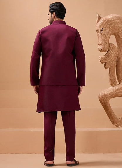 386665 Viscose Silk Maroon Festival Wear Sequin Embroidery Work Readymade Modi Jacket Kurta Pajama