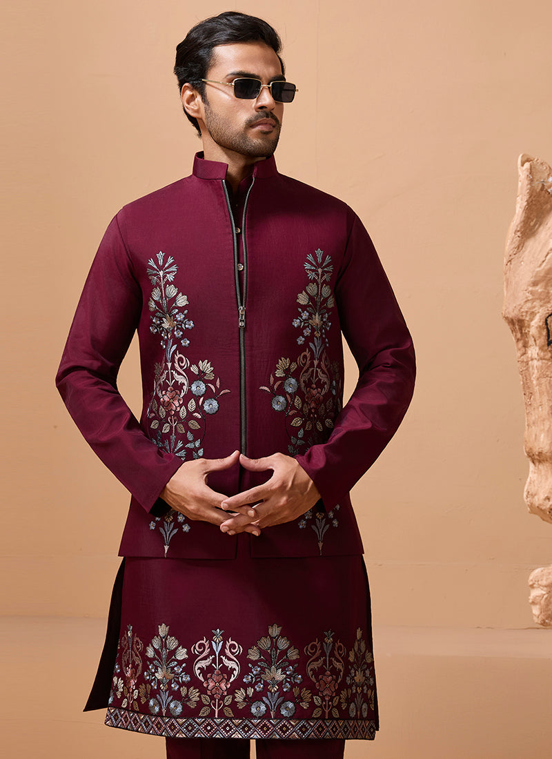 386665 Viscose Silk Maroon Festival Wear Sequin Embroidery Work Readymade Modi Jacket Kurta Pajama