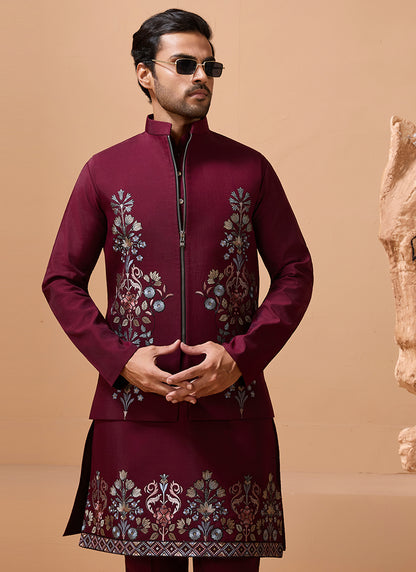386665 Viscose Silk Maroon Festival Wear Sequin Embroidery Work Readymade Modi Jacket Kurta Pajama