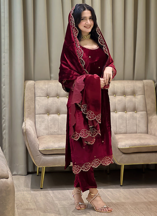 Viscose Velvet Maroon Eid Wear Embroidery Work Readymad Pakistani Suit 387288