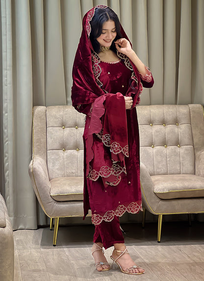 Viscose Velvet Maroon Eid Wear Embroidery Work Readymad Pakistani Suit 387288