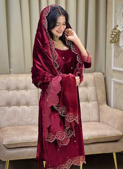 Viscose Velvet Maroon Eid Wear Embroidery Work Readymad Pakistani Suit 387288