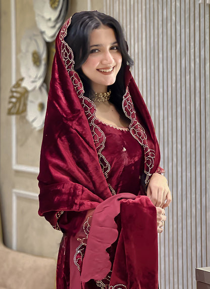Viscose Velvet Maroon Eid Wear Embroidery Work Readymad Pakistani Suit 387288