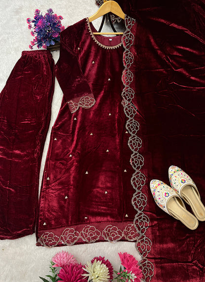 Viscose Velvet Maroon Eid Wear Embroidery Work Readymad Pakistani Suit 387288