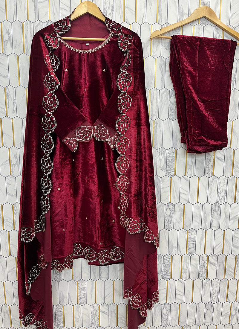 Viscose Velvet Maroon Eid Wear Embroidery Work Readymad Pakistani Suit 387288
