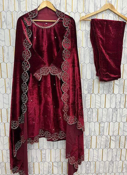Viscose Velvet Maroon Eid Wear Embroidery Work Readymad Pakistani Suit 387288