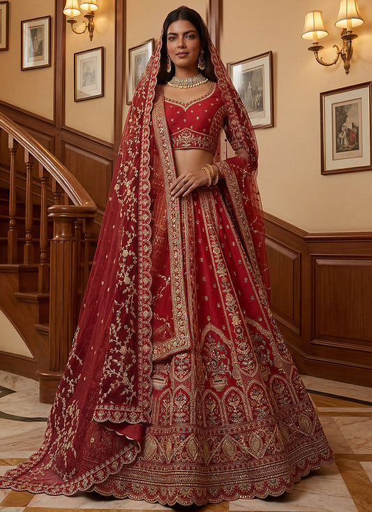 Maroon Gadwal Silk Embroidery Work Wedding Wear Lehenga Choli SW724228