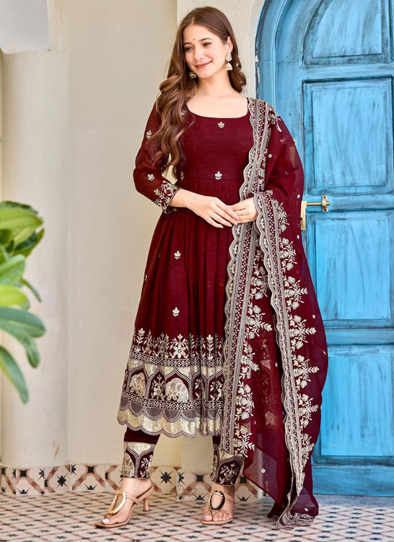 Marron Crunchy Silk Sequins Work  Festival Wear Readymade Anarkali Suit SW907721
