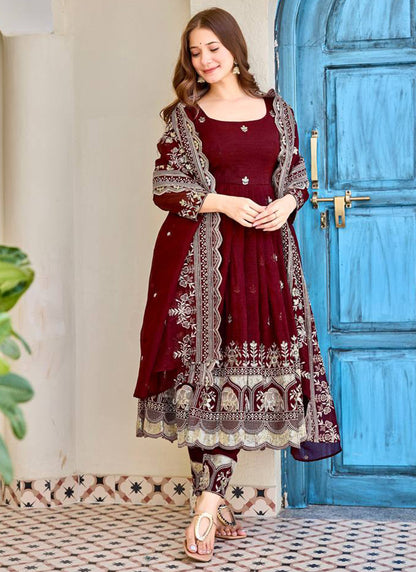 Marron Crunchy Silk Sequins Work  Festival Wear Readymade Anarkali Suit SW907721