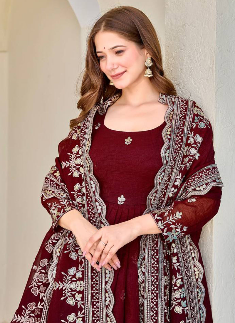 Marron Crunchy Silk Sequins Work  Festival Wear Readymade Anarkali Suit SW907721