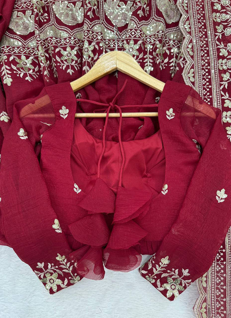 Marron Crunchy Silk Sequins Work  Festival Wear Readymade Anarkali Suit SW907721