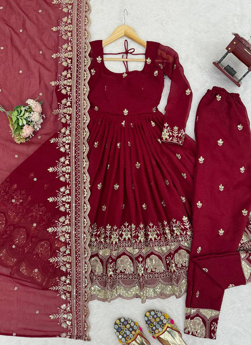 Marron Crunchy Silk Sequins Work  Festival Wear Readymade Anarkali Suit SW907721