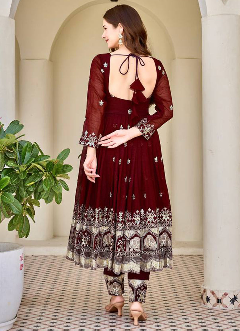 Marron Crunchy Silk Sequins Work  Festival Wear Readymade Anarkali Suit SW907721