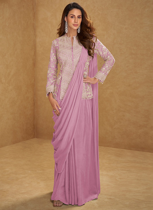 Mauve Chinon Embroidery Work Party Wear Readymade Ethnic Wear Saree SW258721