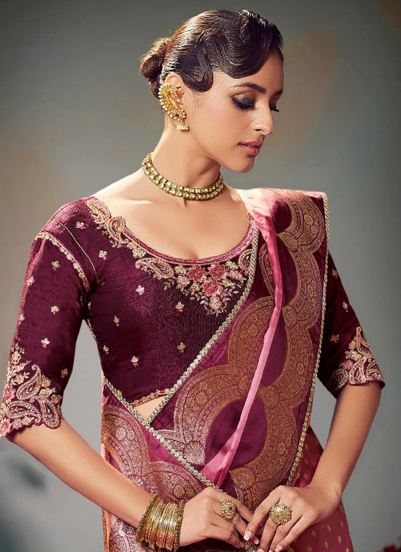 Fancy Fabric Mauve Wedding Wear Embroidery Work Saree 385865