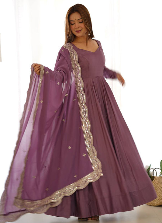 Mauve Pink Roman Silk Plain Work Party Wear Readymade Gown SW282144