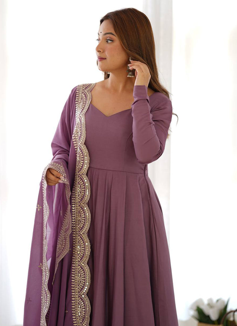 Mauve Pink Roman Silk Plain Work Party Wear Readymade Gown SW282144