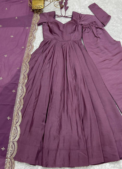 Mauve Pink Roman Silk Plain Work Party Wear Readymade Gown SW282144