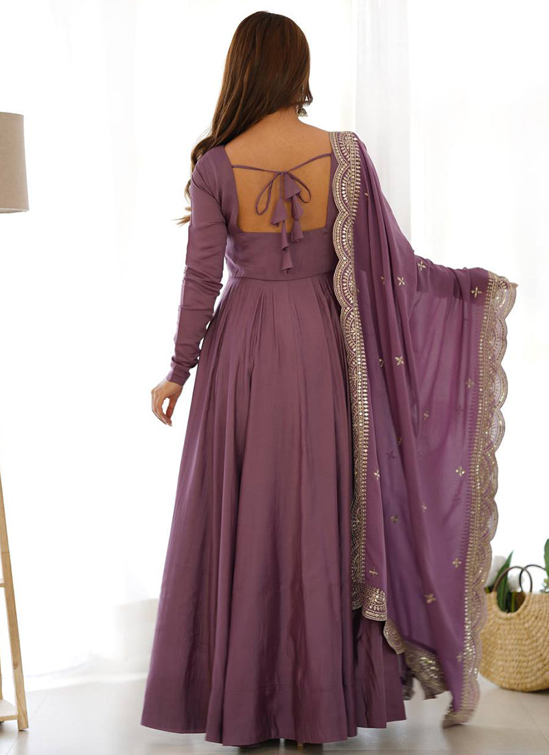 Mauve Pink Roman Silk Plain Work Party Wear Readymade Gown SW282144