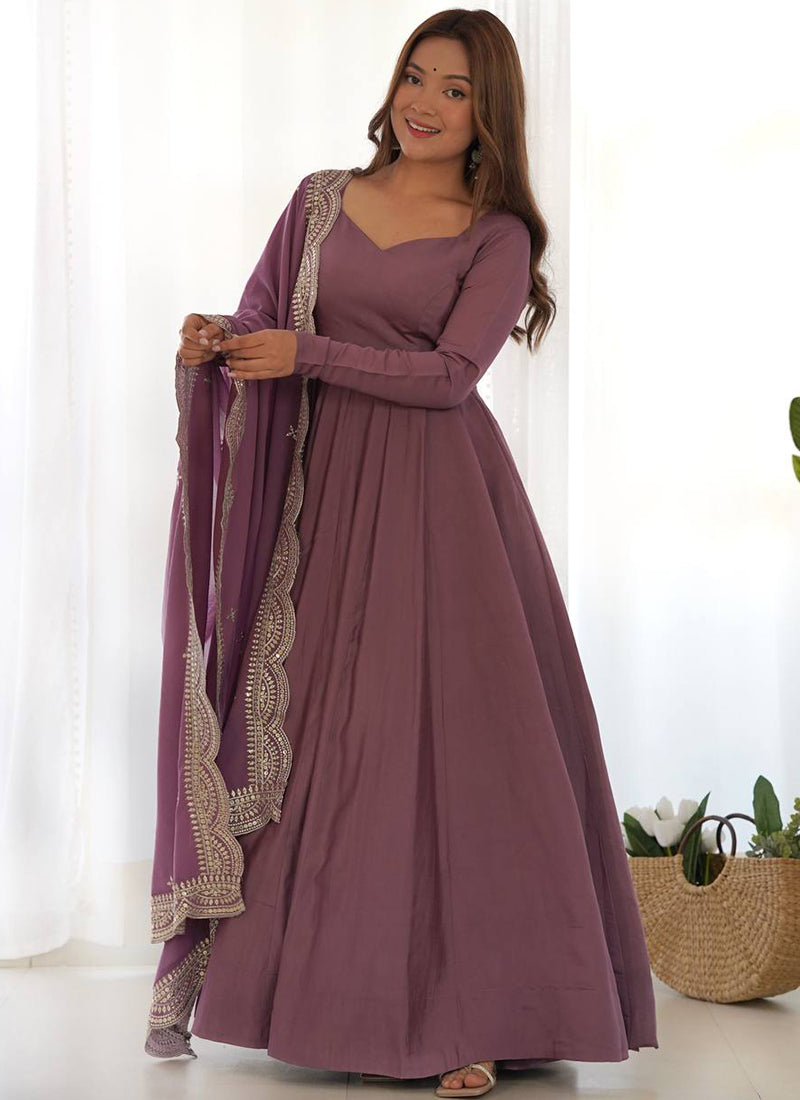 Mauve Pink Roman Silk Plain Work Party Wear Readymade Gown SW282144