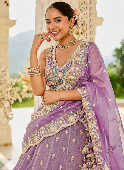 Satin Silk Light Mauve Wedding Wear Embroidery Work Readymade Lehenga Choli