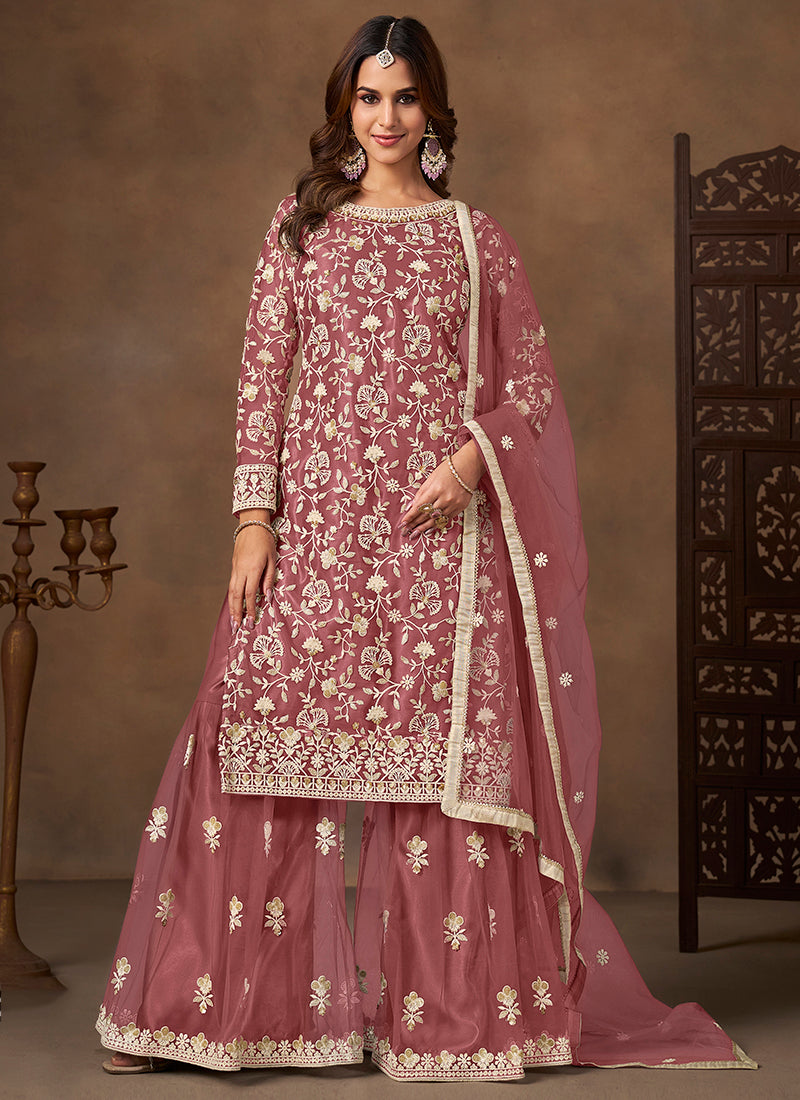 Mauve Satin With Net Embroidery Work Designer Wear Sharara Suit SW909671
