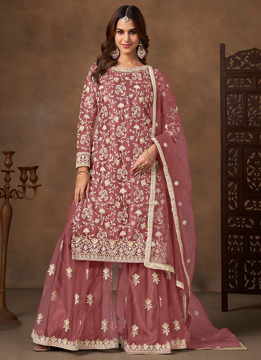 Mauve Satin With Net Embroidery Work Designer Wear Sharara Suit SW909671