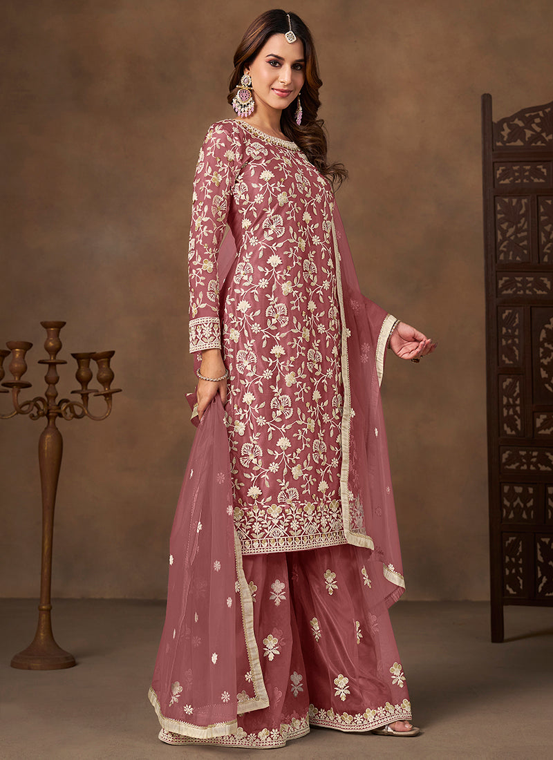 Mauve Satin With Net Embroidery Work Designer Wear Sharara Suit SW909671
