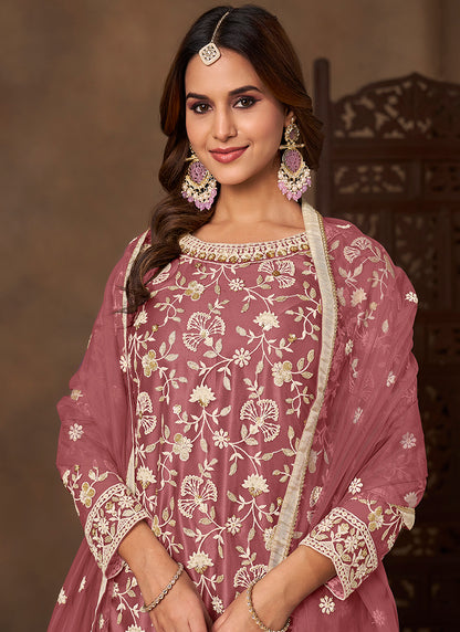 Mauve Satin With Net Embroidery Work Designer Wear Sharara Suit SW909671