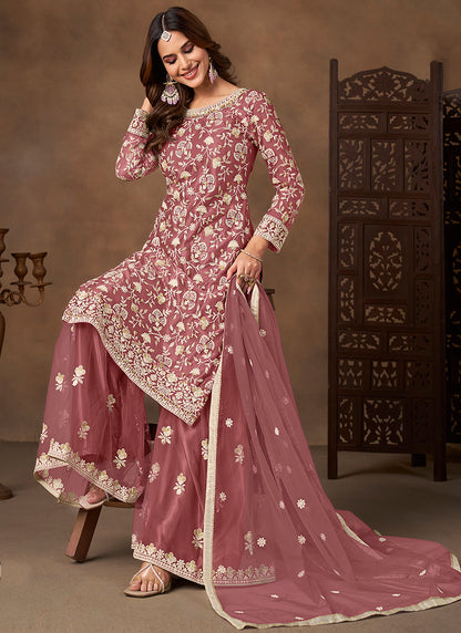 Mauve Satin With Net Embroidery Work Designer Wear Sharara Suit SW909671
