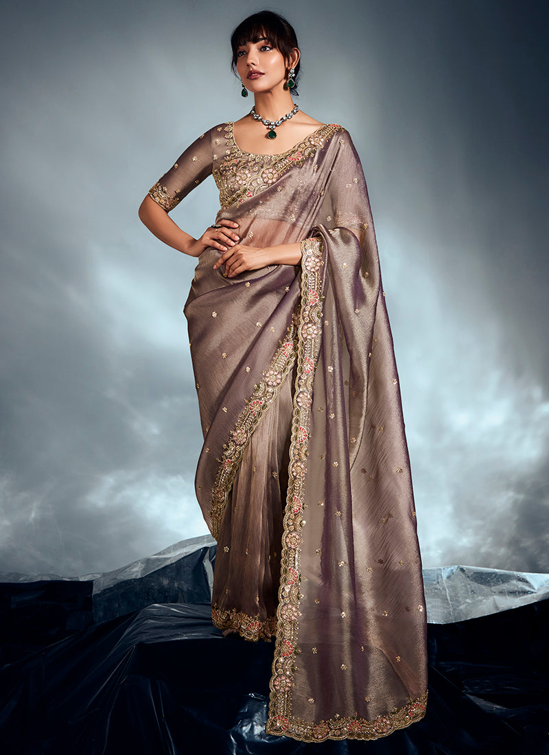 Organza Mauve Taupe Saree with Sequin Work for Wedding Wear 383018