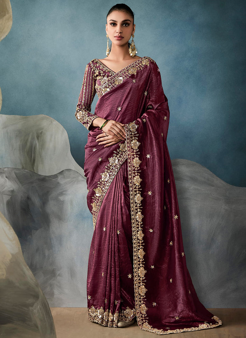 Tissue Fancy Mauve Wedding Wear Embroidery Saree 384622