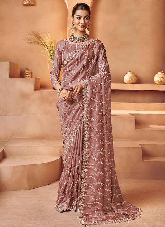 Tissue Mauve Saree with Sequin Work for Wedding Wear 381705