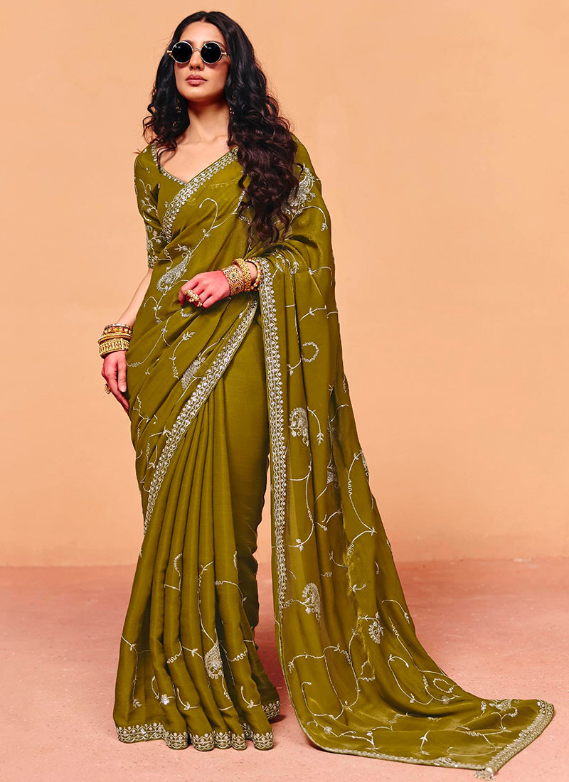 Mehandi Organza Sequins Work  Party Wear Saree SW534539