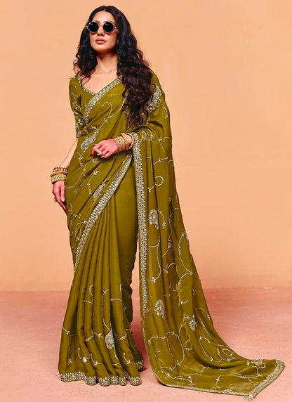Mehandi Organza Sequins Work  Party Wear Saree SW534539