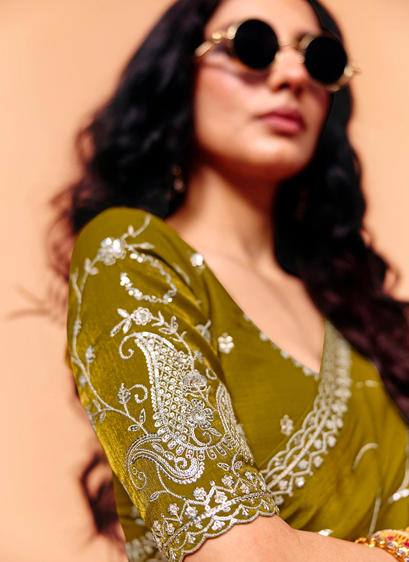 Mehandi Organza Sequins Work  Party Wear Saree SW534539
