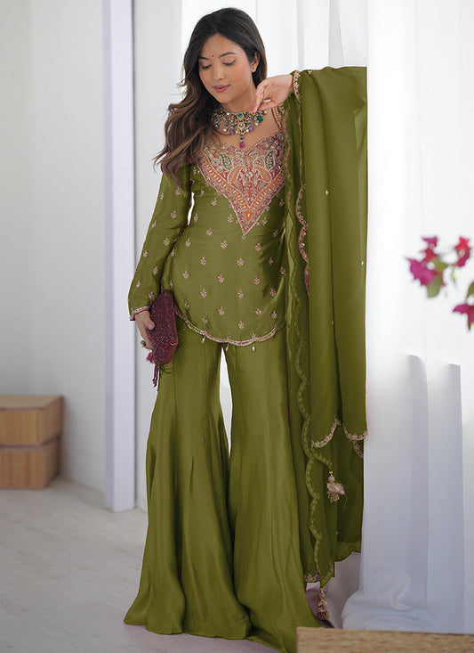 Mehendi  Shimmer Silk Embroidery Work Festival Wear Readymade Sharara Suit SW909790