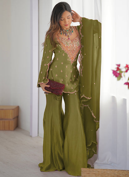 Mehendi  Shimmer Silk Embroidery Work Festival Wear Readymade Sharara Suit SW909790