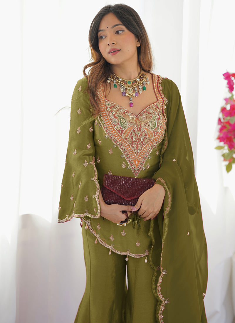 Mehendi  Shimmer Silk Embroidery Work Festival Wear Readymade Sharara Suit SW909790