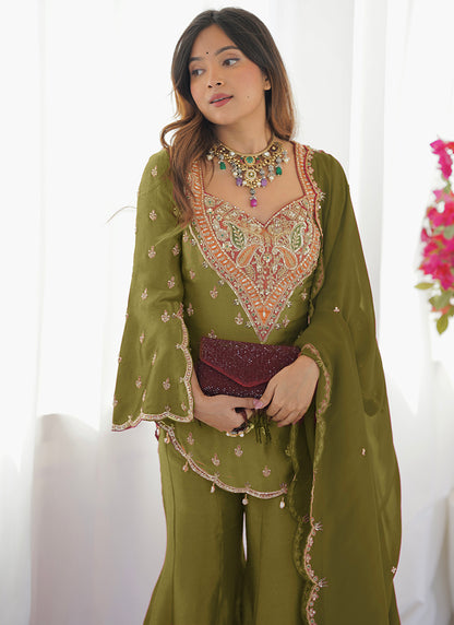 Mehendi  Shimmer Silk Embroidery Work Festival Wear Readymade Sharara Suit SW909790