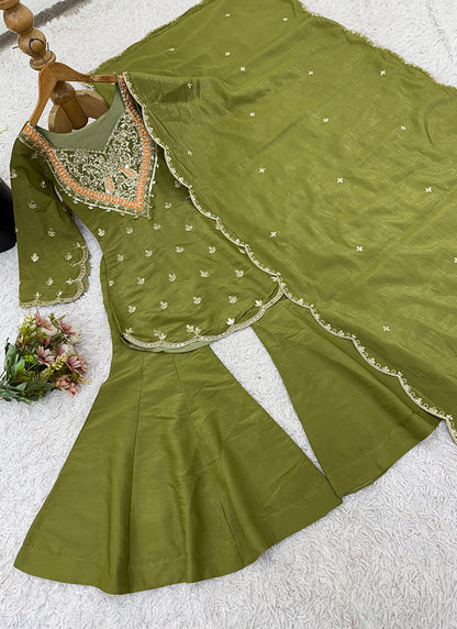 Mehendi  Shimmer Silk Embroidery Work Festival Wear Readymade Sharara Suit SW909790