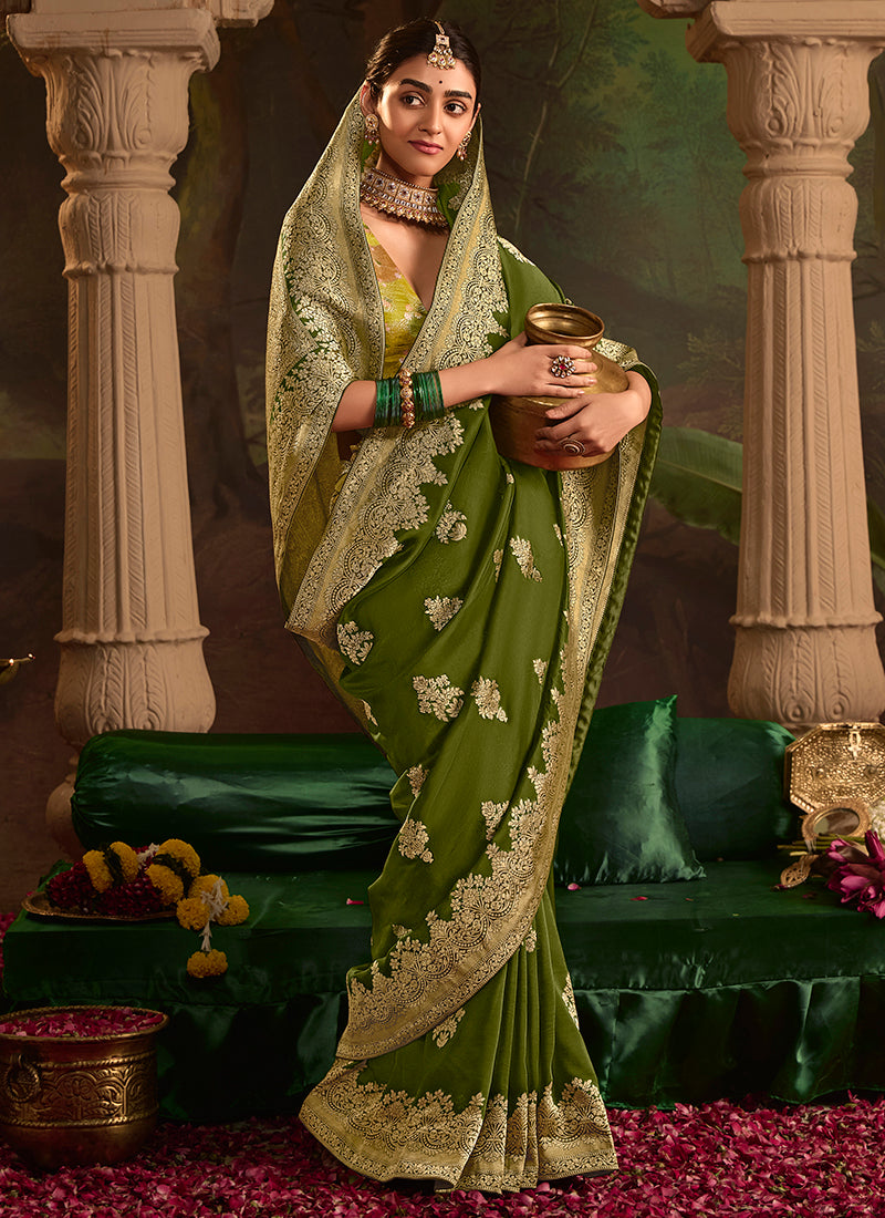 Mehendi Dola Silk Weaving Work Occasional Wear Saree SW493337