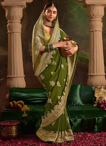 Mehendi Dola Silk Weaving Work Occasional Wear Saree SW493337