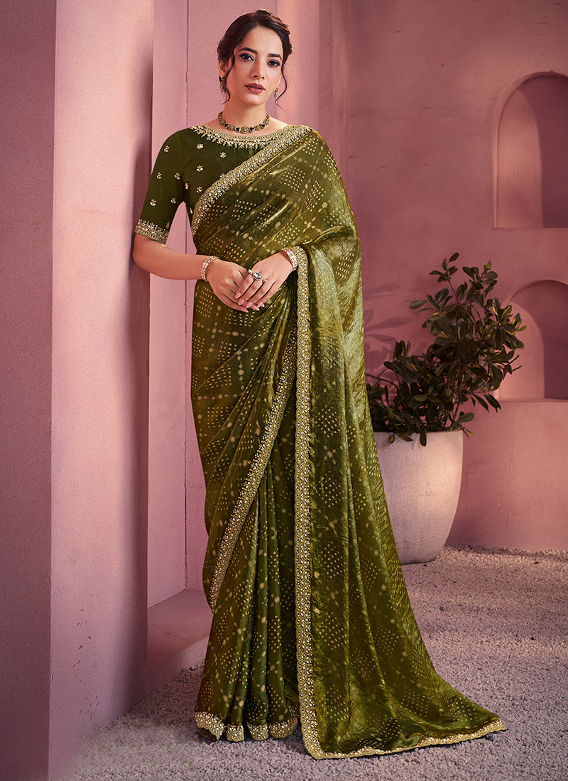 Satin Silk Mehendi Saree with Embroidery Work for Festival Wear 384496