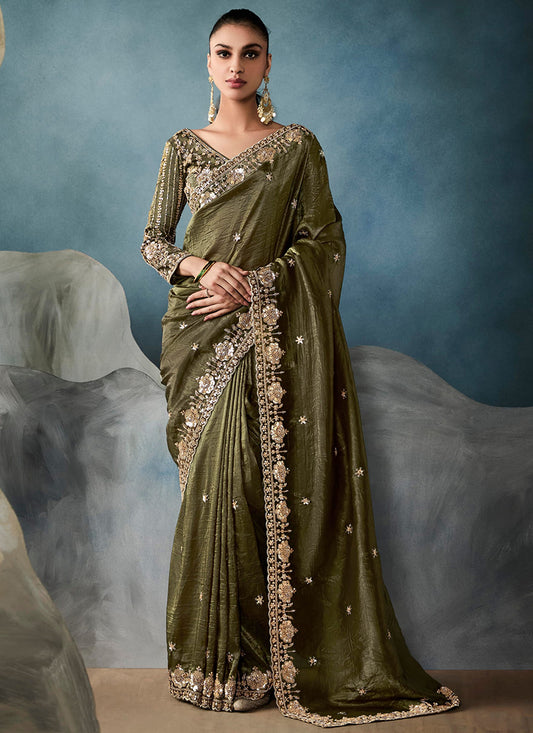 Tissue Mehendi Fancy Wedding Wear Embroidery Saree 384621