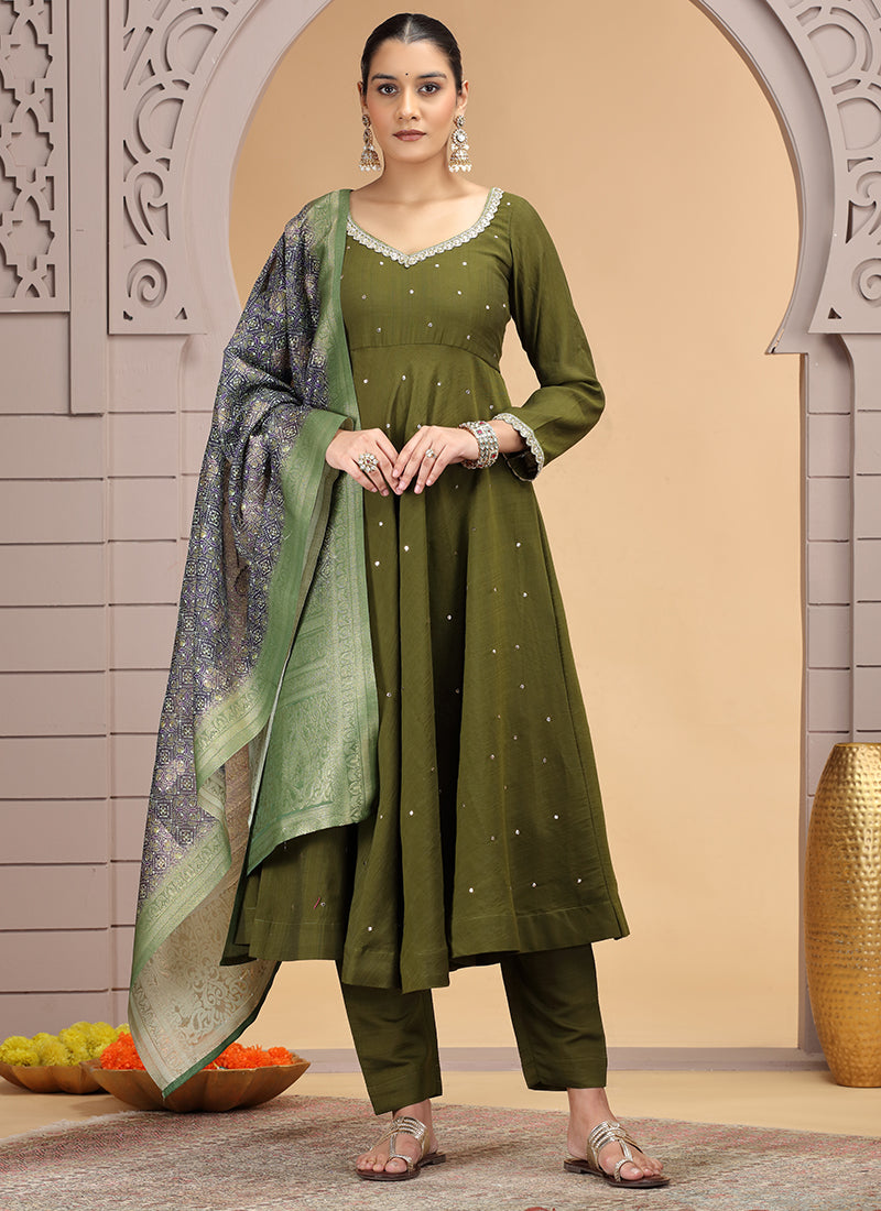 Chiffon Mehndi Festival Wear Pattern Pc Work Readymade Anarkali Suit 386183